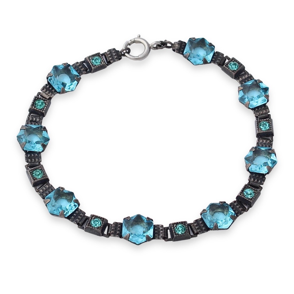 Vintage Walter E. Hayward Blue Glass Sterling Silver Link Bracelet